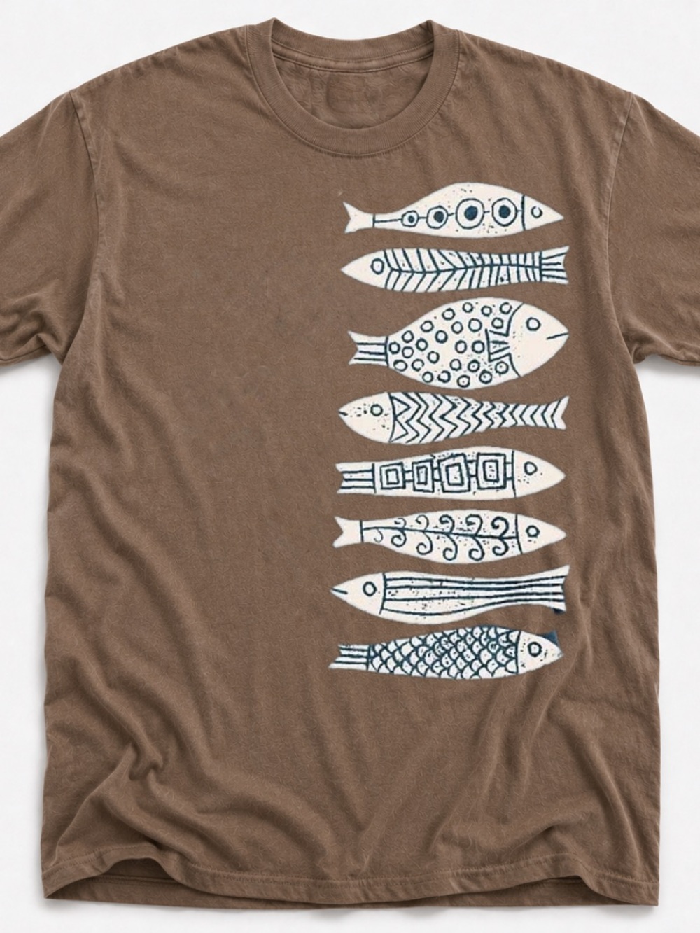 Gildan Brown Short Sleeve Tee with White & Navy Fish Graphic